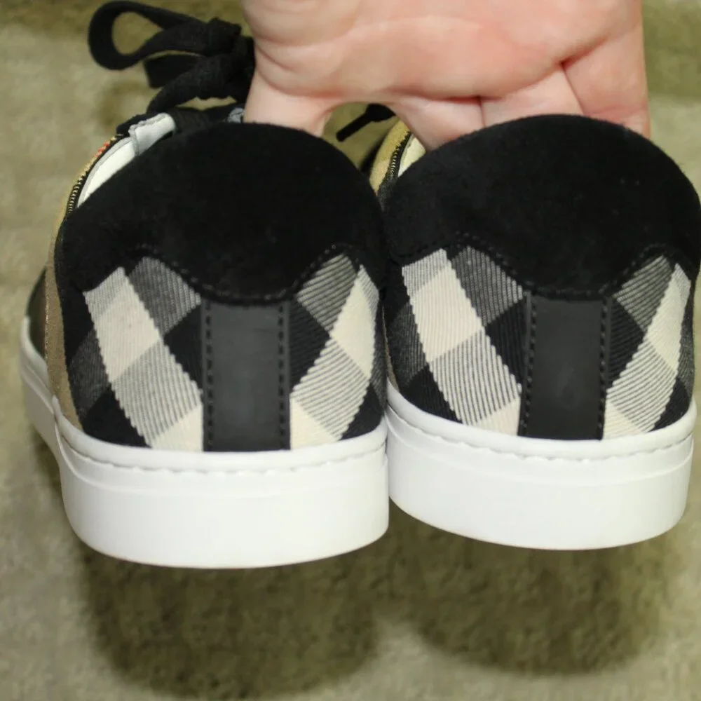 New BURBERRY Reeth Unisex Black Leather, Suede, Check Sneakers Women's 9.5